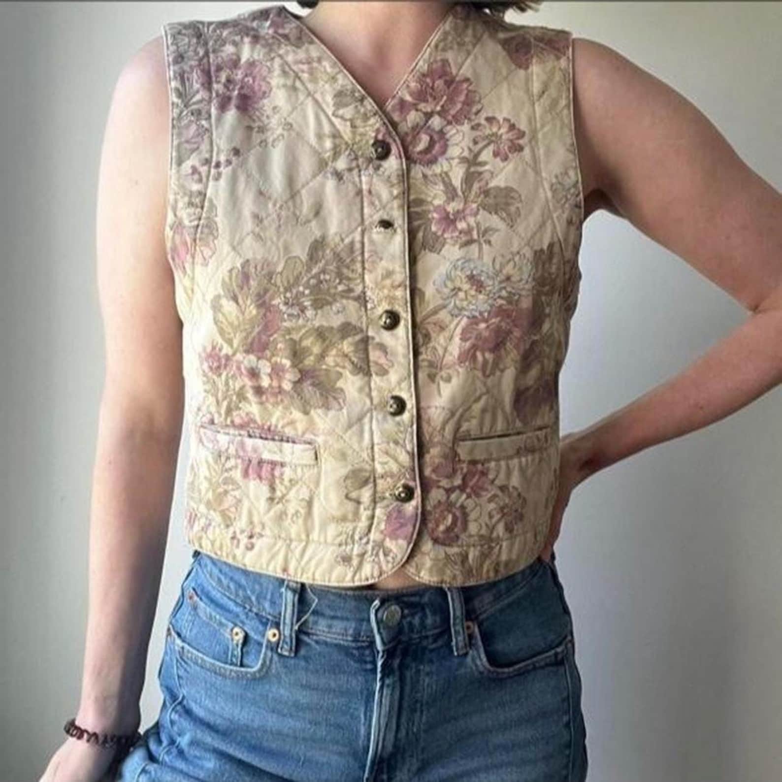 Vintage Floral Quilted Vest | 90s Cotton Botanical Waistcoat ...
