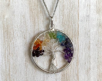 Tree of Life Necklace, Chakra Tree of Life Pendant, Chakra Pendant, Stainless Steel Chain, Healing Crystal Pendant Necklace, Chakra healing