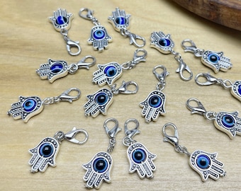 Hamsa Hand Charm with Lobster Clasp, Evil Eye Harm, Tiny Clip On Dangle Evil Eye Bead, Jewelry Charm Bracelet, Cat and Dog Collar Charm