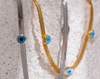 Evil Eye Gold Herringbone Chain Statement Necklace