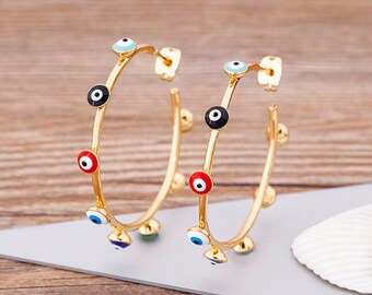 Evil Eye Hoop Earrings, Good luck, Protection, Positive Energy, Gold Multi Color, Blue Greek Evil Eye