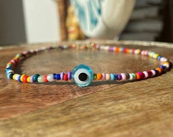 Evil Eye Bead Choker, Good Luck Beaded Choker, Dainty Seed Bead, Cool Summer South Beach Necklace, Friendship, Protection Necklace