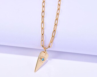 Evil Eye Pendant Necklace, Blue Eye Mother Gold Charm, Stainless Steel Chain