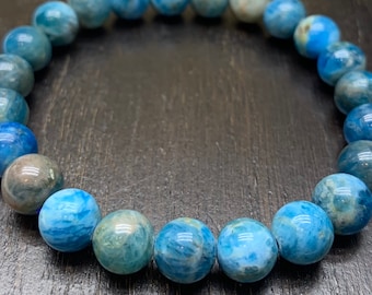 Apatite Bracelet, 8mm Natural Blue Apatite Beads, Throat Chakra , Healing, Balance, Focus, Calming, Weight Loss, Protection Bracelet