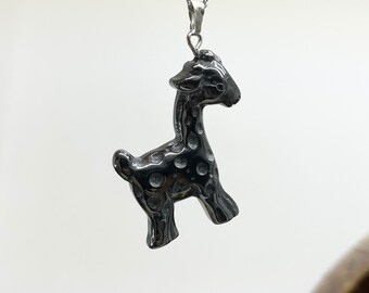 Hematite Necklace, Hematite Giraffe Jewelry, Stainless Steel, Kitten Charm Necklace, Giraffe Pendant Necklace, Healing Crystal Necklace