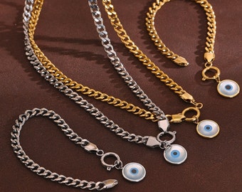 Evil Eye Necklace Bracelet Set, Blue Eye Mother of Pearl Silver Gold Pendant, Stainless Steel Waterproof Non-Tarnish Hypoallergenic Jewelry