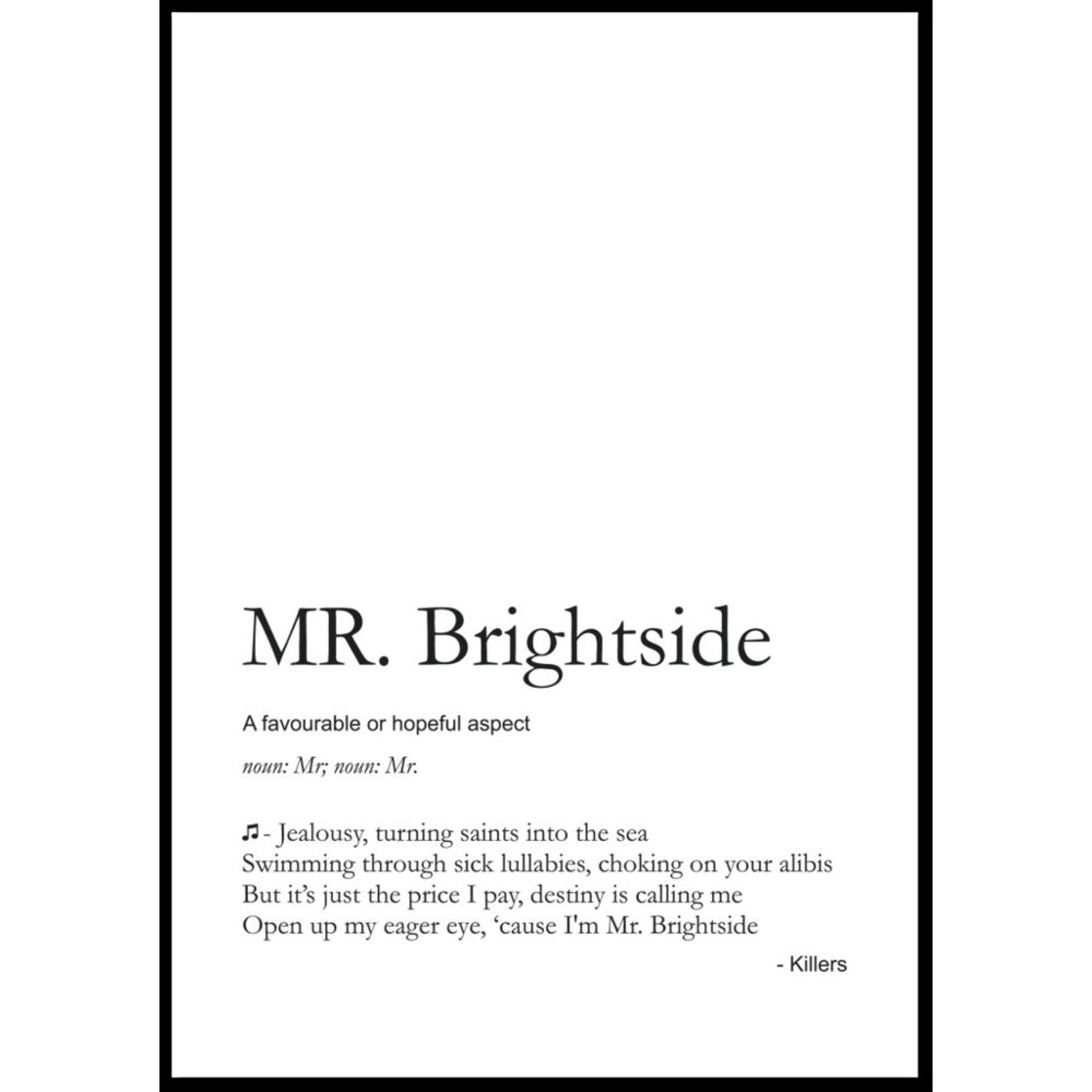Mr Brightside Definition Lyrics Poster Home Art Song Poster Etsy