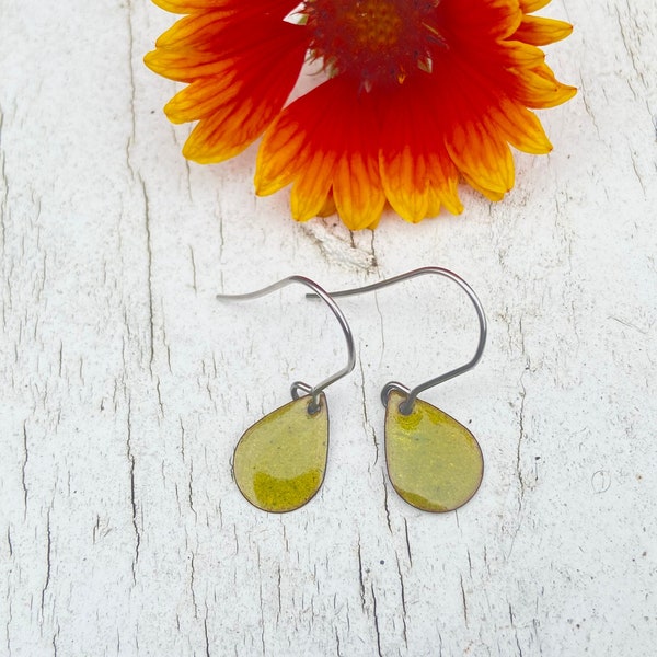 Enamel earrings stainless steel yellow green transparent | Earrings, ear hooks | Enamel jewelry, handmade, silver | Enamel, Glass Jewelry, Vintage