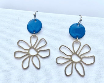 Statement Earrings Enamel Brass, Blue, Gold, Flower, Enamel Jewelry, Earrings, Ear Hooks, Vintage, Boho, Enamel, Glass, Jewelry