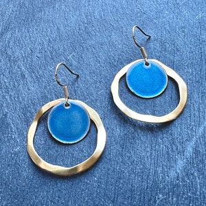Enamel earrings, stainless steel, blue, transparent, gold | Earrings, ear hooks, enamel jewelry, handmade | Enamel, glass jewelry, vintage