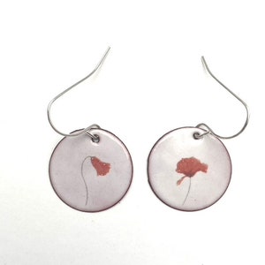 925 silver enamel earrings white poppy, ear studs, earrings, ear hooks, enamel jewelry, handmade, circle, flower, enamel, glass, jewelry
