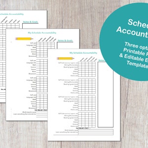May include: Three printable schedule accountability trackers with a yellow pencil on each page. The trackers are divided into days of the week and categories such as self-care, language arts, math, science, music, and movement. Each tracker has a notes and goals section.