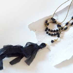 Silk tassel, rose quartz pendant blush pink gemstone, brass glass beads, boho mala necklace long, black, flapper, charm necklace, layered look