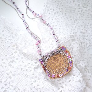 Boho leather summer necklace sequin embroidery, long embossed hippie revival statement leather necklace beige pink silver Casual sparkling boho necklace