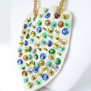 Iridescent Lagoon, Stunning Leather Necklace, Boho Sequin Embroidery, Summer Beach Vibes White Sky Blue Turquoise Colors, Rock Chick Glamour