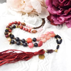 Long Agate Quartz Boho Necklace, Wine Red Apricot Black, Gemstone Mala Tassel Necklace, Ibiza Beach Tribal Statement, Y-Necklace, Hippie Jewelry