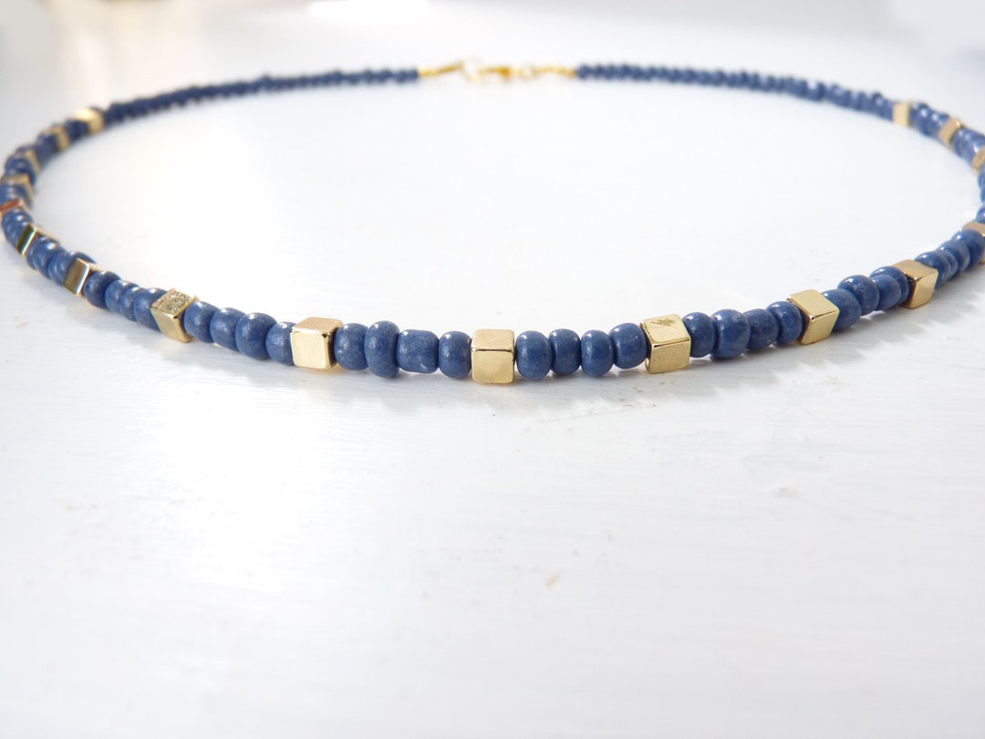 Collier CUBICO délicat bohème cube collier bleu doré, fines rocailles ...