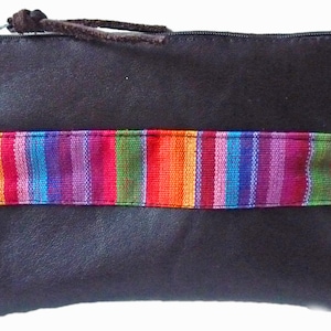 Borsa cosmetica in pelle, inserto in tessuto arcobaleno nero-marrone SOUTHWESTERN Boho, borsa con cerniera VANITY CASE, borsa da viaggio borsa da toilette, regalo