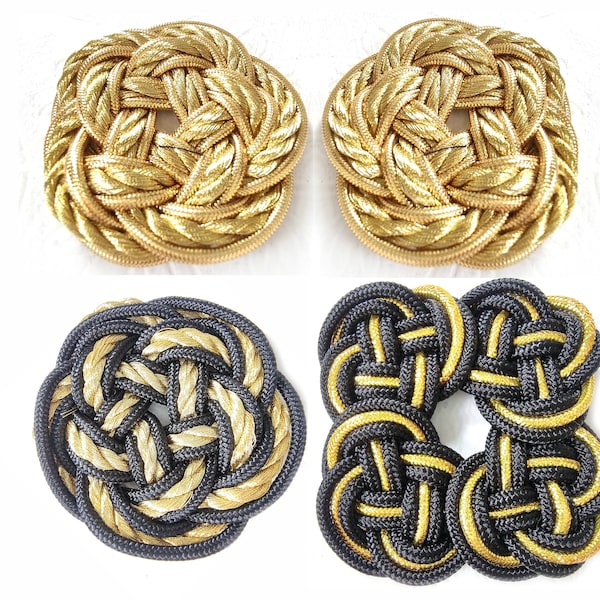 Vintage knot appliqué, cord rosettes black gold decorative patch ornament round hat handbag sweater hair accessories 80s glam rock