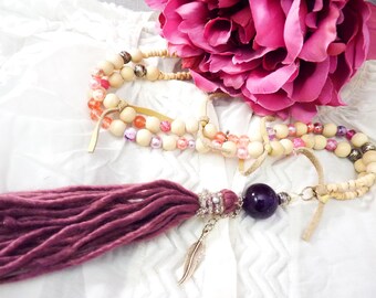 Relaxed Purple Berry Color Mala, Long Boho Necklace, Mixed Material, Beach Statement, Hippie Jewelry, Layering Lariat, Wooden Beads