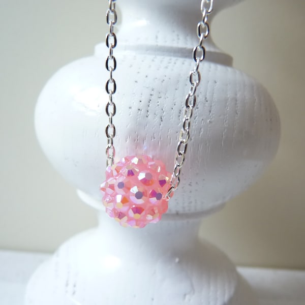 Petite Necklace Glitter Ball Pink Blush Pink 925 Sterling Silver Plated, AB Shamballa, Iridescent Irish, Baby Party, Valentine's Day