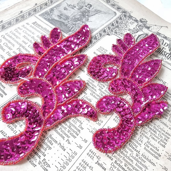 Vintage tendril applique, 80s sequin ornament patch pink stitched, disco fashion, decorative embellishment sweater top