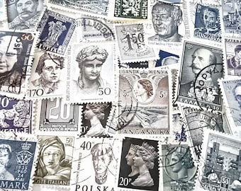 Briefmarken Mix 30 / 50 / 100 Schwarz Weiß Grau aus aller Welt farblich sortiert, altmodischer Nostalgie Boho Farbmix gestempelte Postmarken
