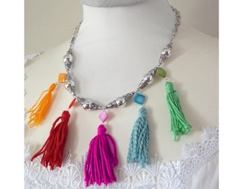 Boho tassel necklace short, mother of pearl rainbow colorful silver mirror beads, Ibiza hippie statement necklace, gift girlfriend, LGBT, tribal nomad