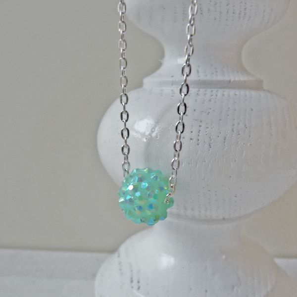 Filigree Necklace Ice Blue Turquoise Aqua Pastel, 925 Sterling Silver Neck Chain Plated Shamballa Glitter Ball Iridescent Iridescent Rhinestone