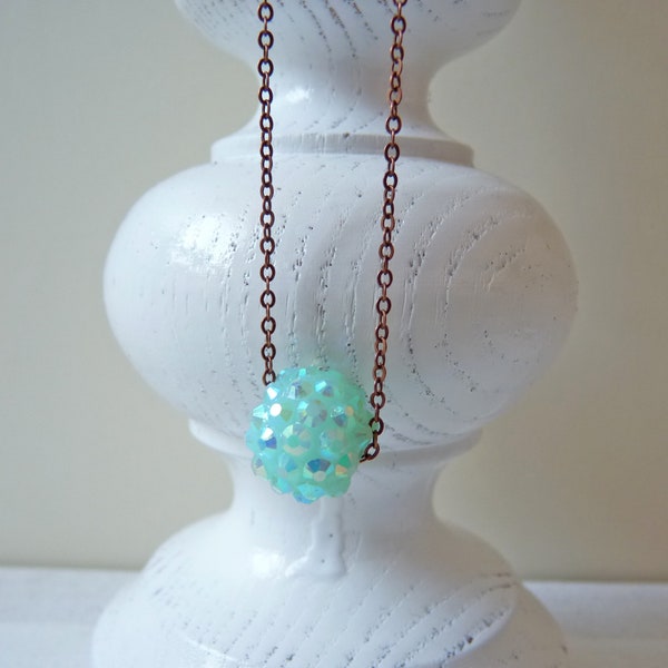 Petite Necklace Glitter Ball Pendant, Ice Blue Turquoise Aqua, Fine Copper Necklace, Shamballa, Iridescent Iridescent Rhinestone, Pastel Colors