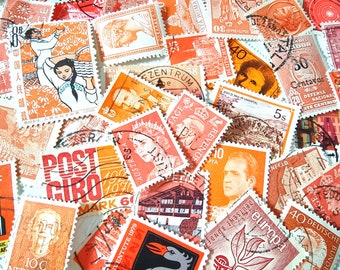 Briefmarken Mix 30 / 50 / 100 Orange aus aller Welt farblich sortiert, Farbmix für Regenbogen Konvolut, gestempelte Postmarken Orangetöne