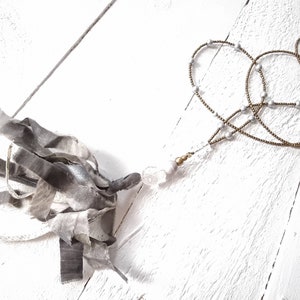 Delicate Long Brass Bead Necklace, Smoky Grey, Shimmering Silk Tassel Pendant, Flapper, Roaring Twenties, Boho Mala Lariat, Rauchglas