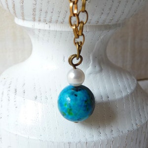 Planet Earth World Globe, Chrysocolla Gemstone Necklace, Blue-Green, Brass Chain, Stone Pendant Round, Sustainability Talisman CSR,