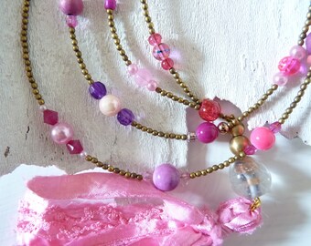 Boho Sari SATIN tassel chain, long necklace, brass BLUSH PINK, pink glass beads, charm chain, Ibiza Y-chain lagenlook mala, Valentine's Day