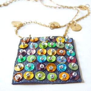 Brown Sugar, Dazzling Leather Necklace Boho Sequin Embroidery, Geometric, Iridescent Summer Vibes, Brown Gold Colored Rainbow, Rock Chick
