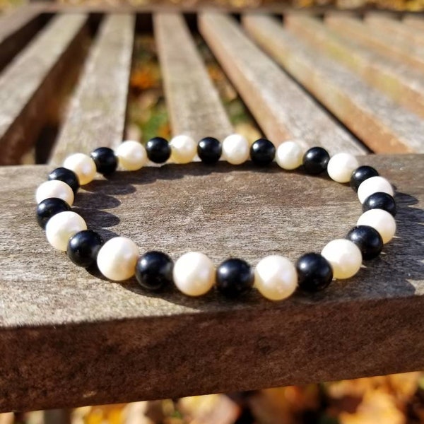 Genuine Freshwater Pearl and Obsidian Stretch Bracelet (Protection, Decisions) Graduation Gift, Best Friend Gift