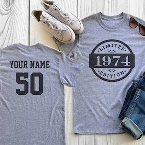 50th Birthday Shirt, Personalized Name and Number, 1974, Limited Edition Party Shirt, Gift, Sublimation, Mens Ladies Youth