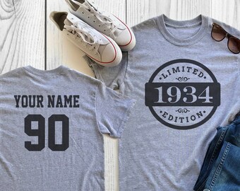 90th Birthday Shirt, Personalized Name and Number, 1934, Limited Edition Party Shirt, Gift, Sublimation, Mens Ladies Youth