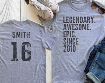 Birthday Shirt for 16th Birthday, Legendary, Awesome, Epic, Since 2010, Extra Soft, Personalized Shirt, Celebration Gift, Mens Ladies Youth