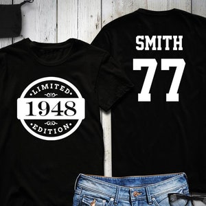 77. Geburtstag Shirt, 1948 Limited Edition Geburtstag Shirt, personalisierte Shirt, Name & Nummer, Feier Geschenk, Herren, Damen, Jugend