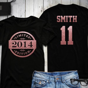 11th Birthday Shirt, Glitter, 2014 Limited Edition Birthday Shirt, Personalized Shirt, Celebration Gift, Rose Gold, Gold, or Silver Glitter