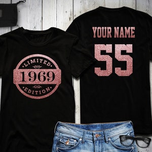 Maglietta per il 55° compleanno, glitter, maglietta per il compleanno in edizione limitata del 1969, maglietta personalizzata, regalo di festa, glitter oro rosa, oro o argento