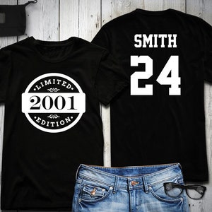 Maglietta per il 24° compleanno, maglietta per il compleanno in edizione limitata del 2001, maglietta personalizzata, nome e numero personalizzati, regalo di festa, uomo, donna, giovane