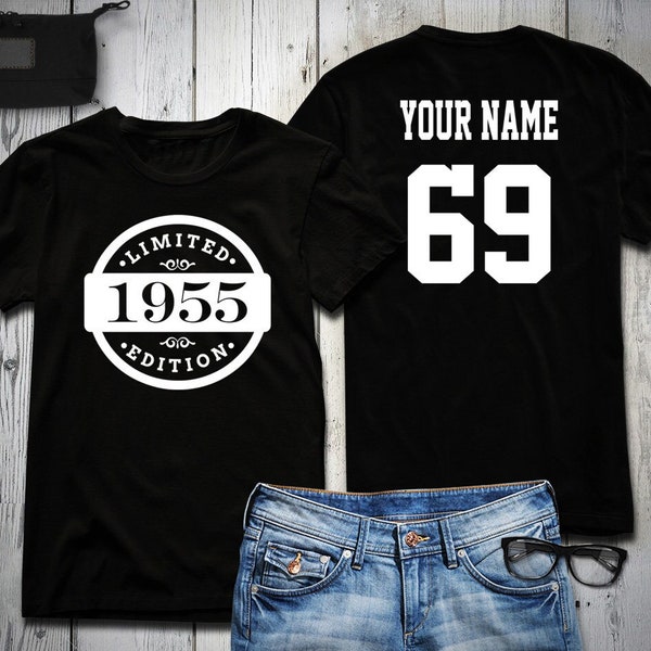 69th Birthday Shirt, 1955 Limited Edition Birthday Shirt, Personalized Shirt, Custom name & number, Celebration Gift, Mens, Ladies, Youth