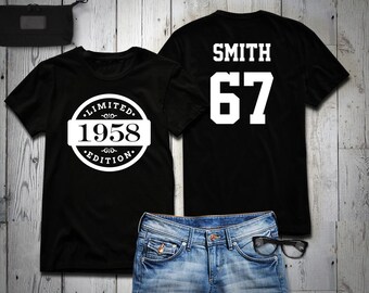 67th Birthday Shirt, 1958 Limited Edition Birthday Shirt, Personalized Shirt, Custom name & number, Celebration Gift, Mens, Ladies, Youth