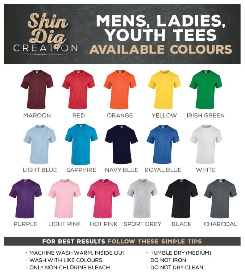 K&ouml;nnte beinhalten: Eine Tabelle mit den verf&uuml;gbaren Farben f&uuml;r Herren-, Damen- und Jugend-T-Shirts. Die Farben umfassen Rotbraun, Rot, Orange, Gelb, Irisch Gr&uuml;n, Hellblau, Saphir, Marineblau, K&ouml;nigsblau, Wei&szlig;, Lila, Hellrosa, Pink, Sportgrau, Schwarz und Anthrazit.