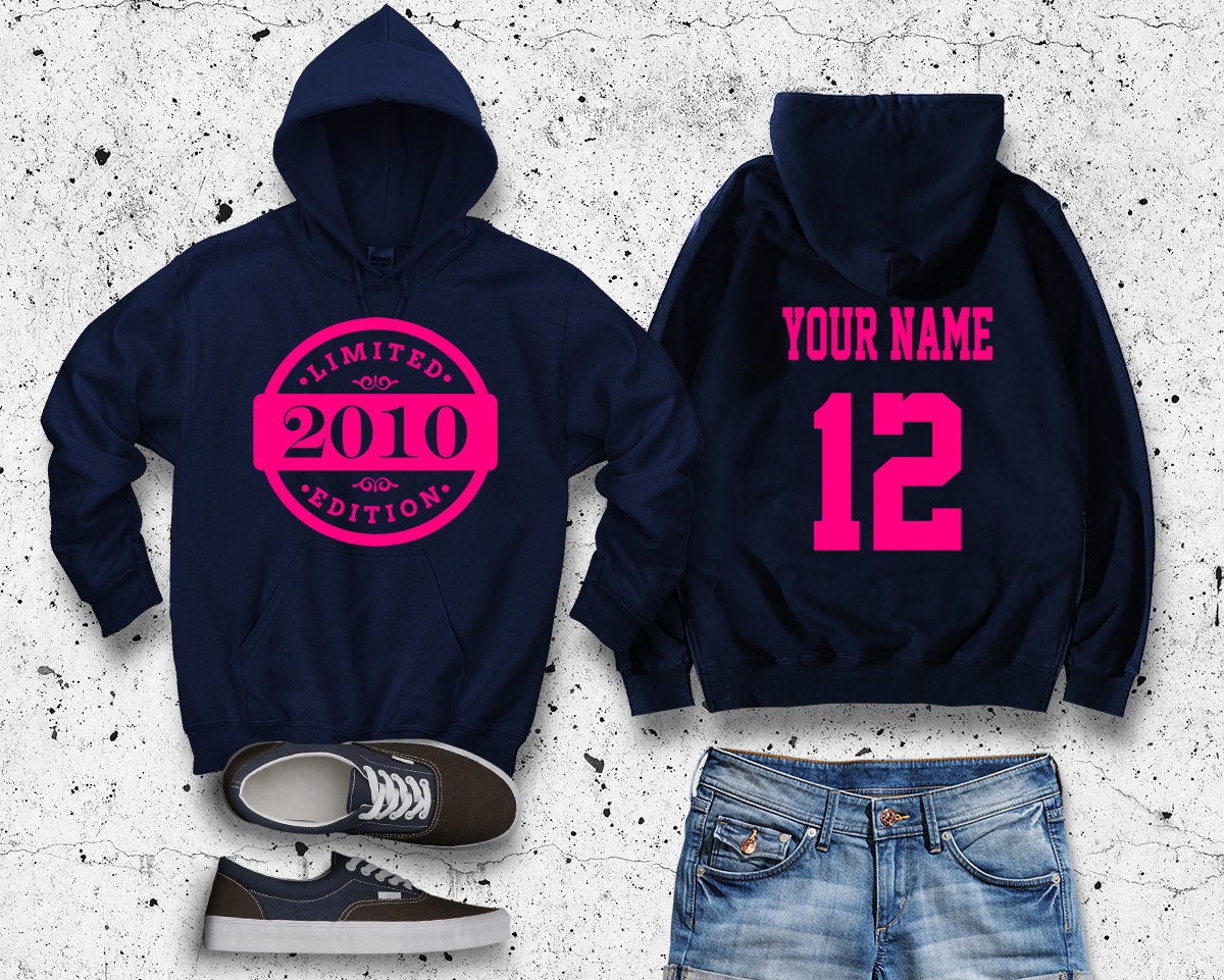 Birthday Hoodie, Any year requested, Personalized Name & Number on Back, Limited Edition, Neon Pink, Blue, Green, or Yellow logos,