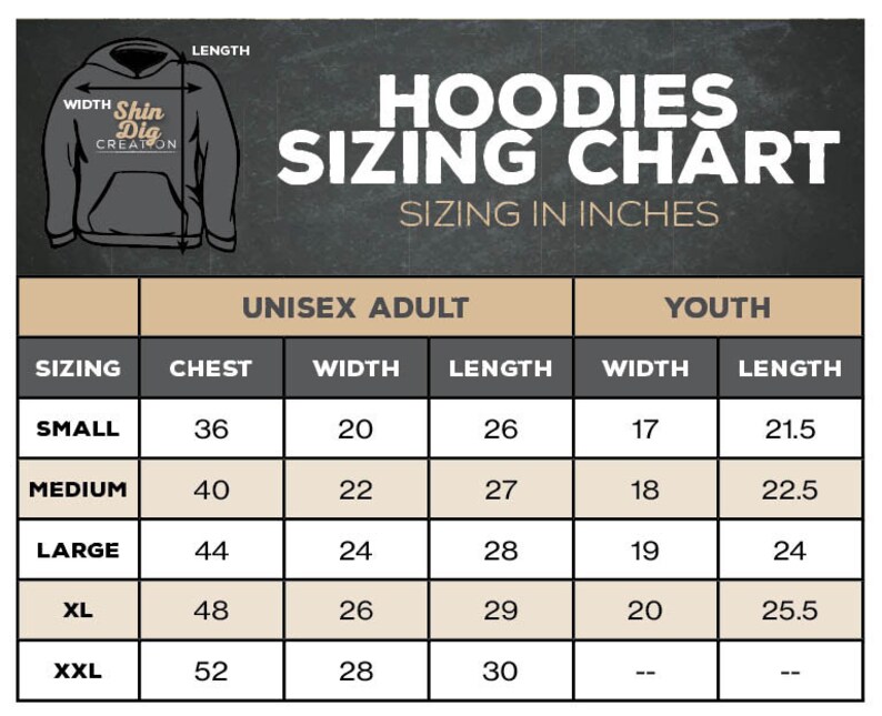 May include: A black and white sizing chart for hoodies, showing chest, width, and length measurements in inches for both unisex adult and youth sizes. The chart includes sizes small, medium, large, XL, and XXL.
