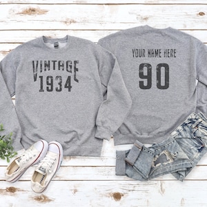 90th Birthday Sweater, Vintage 90th Birthday Sweater, Vintage 1934, Sport / Heather Gray, Personalized Gift, 90th Birthday Sweatshirt