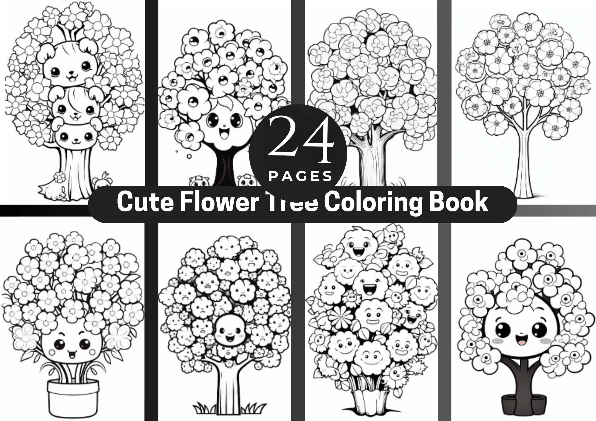 Flower Tree Coloring Book, Cute Botanical Illustrations, Adult Kids ...